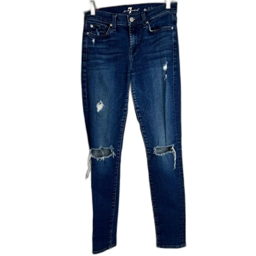 7 For All Mankind Destructed Dark Wash The Skinny‎ Denim Jeans Sz 26